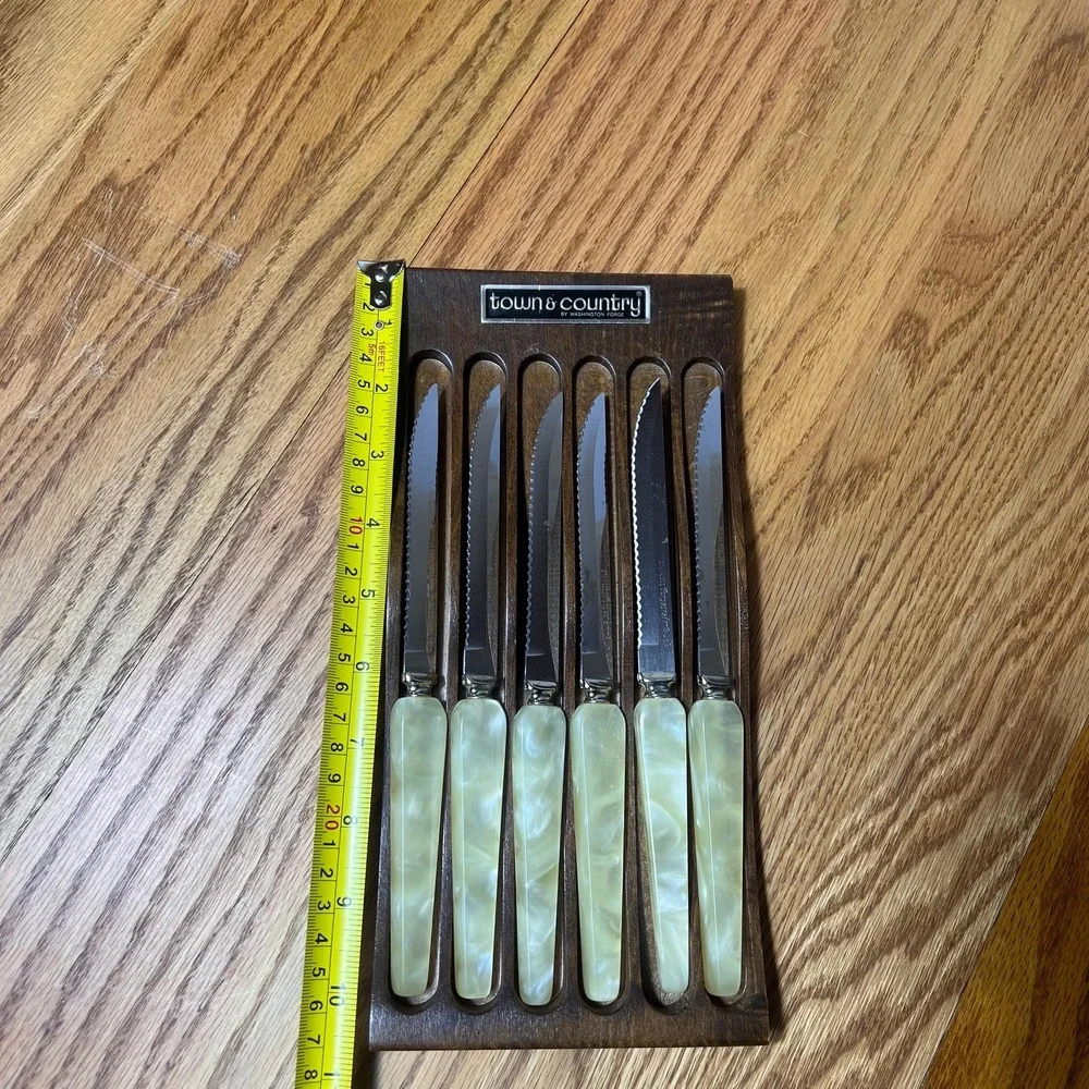 Vintage Washington Forge Town & Country Steak Knives Set 6 Wood Rack USA
